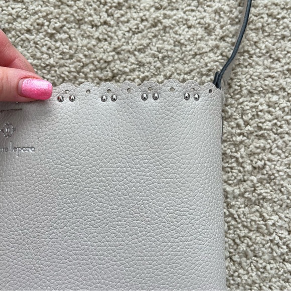 Nanette Lepore Scalloped Edge Studded Pebbled Grey Adjustable Strap Zipper Purse - Picture 12 of 16